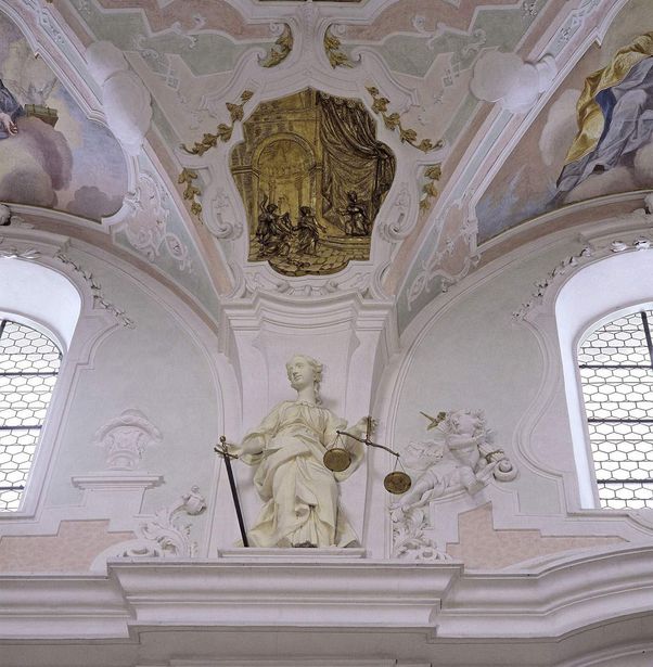 Ochsenhausen monastery, detailed view, image of Lady Justice in the central aisle of the monastery church
